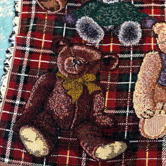 Vintage Teddy Bear Woven Blanket Tapestry Plaid Fringe Throw Cozy Decor - Picture 3 of 13